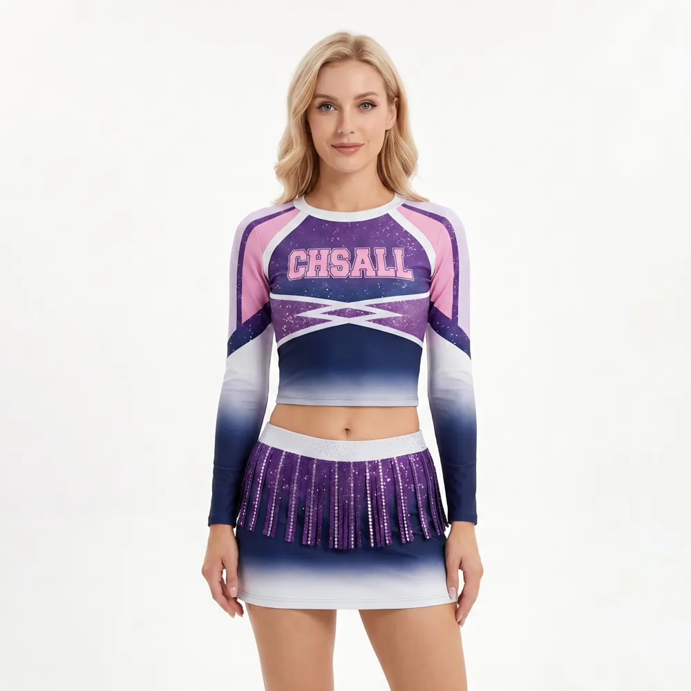 Ombre Purple Pink Cheerleading Set with Fringe Skirt and Cropped Long Sleeves Basketball Halftime – photo 2