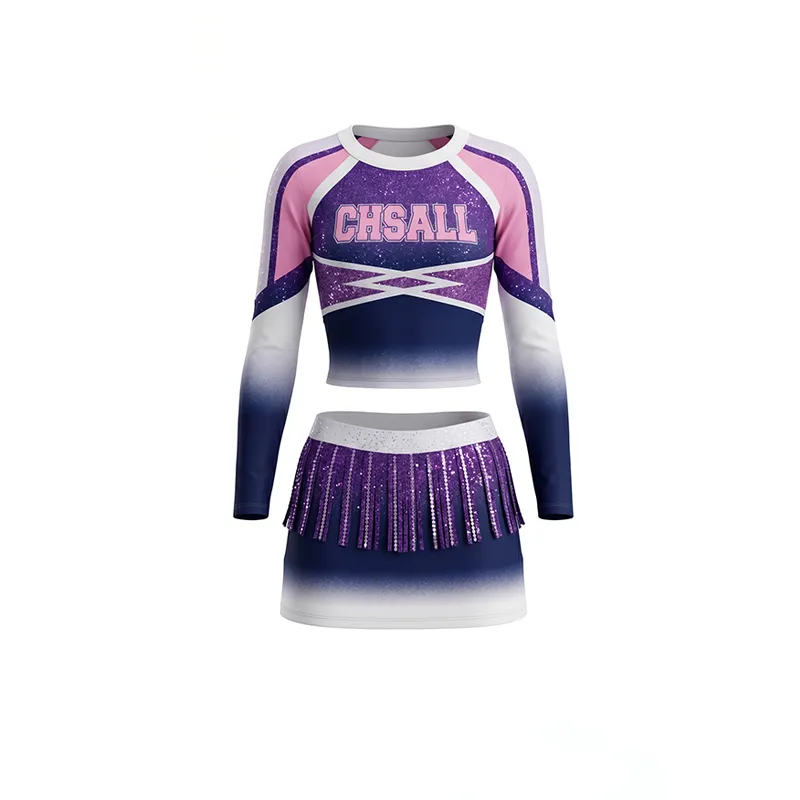 Ombre Purple Pink Cheerleading Set with Fringe Skirt and Cropped Long Sleeves Basketball Halftime – photo 3