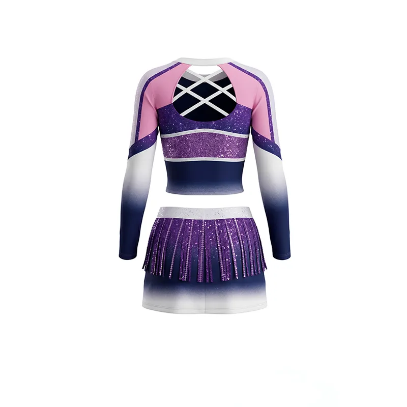 Ombre Purple Pink Cheerleading Set with Fringe Skirt and Cropped Long Sleeves Basketball Halftime – photo 4
