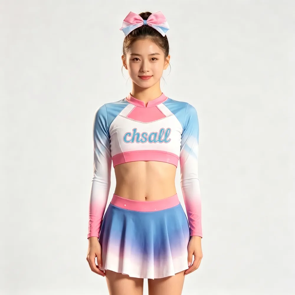 Pastel Blue Pink Gradient Cheerleading Set with Cropped Long Sleeves and Pleated Skirt – photo 2