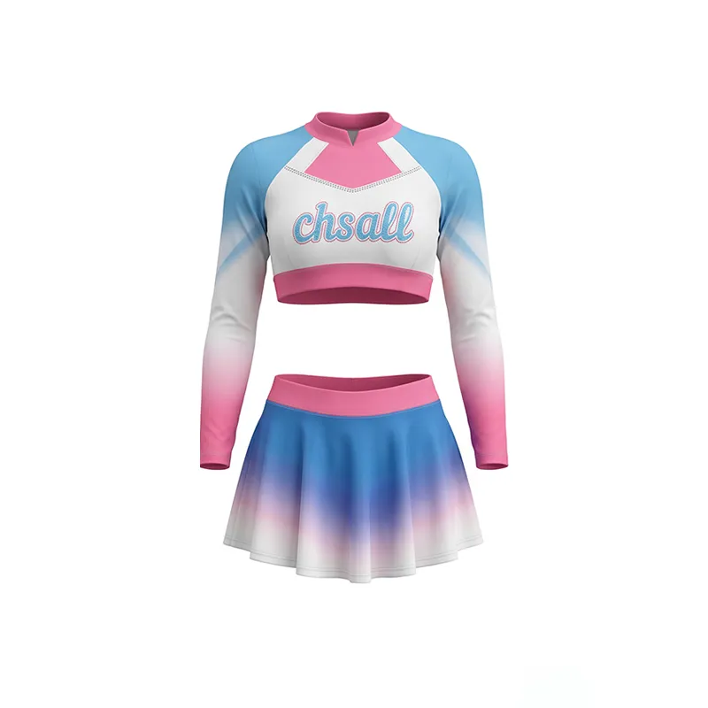 Pastel Blue Pink Gradient Cheerleading Set with Cropped Long Sleeves and Pleated Skirt – photo 3