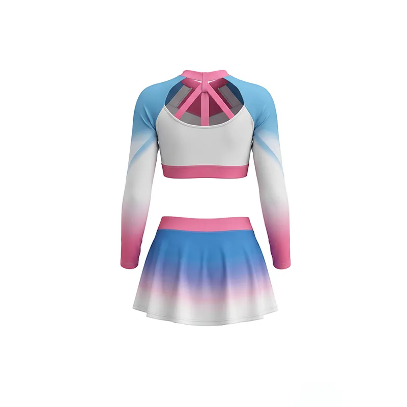Pastel Blue Pink Gradient Cheerleading Set with Cropped Long Sleeves and Pleated Skirt – photo 4