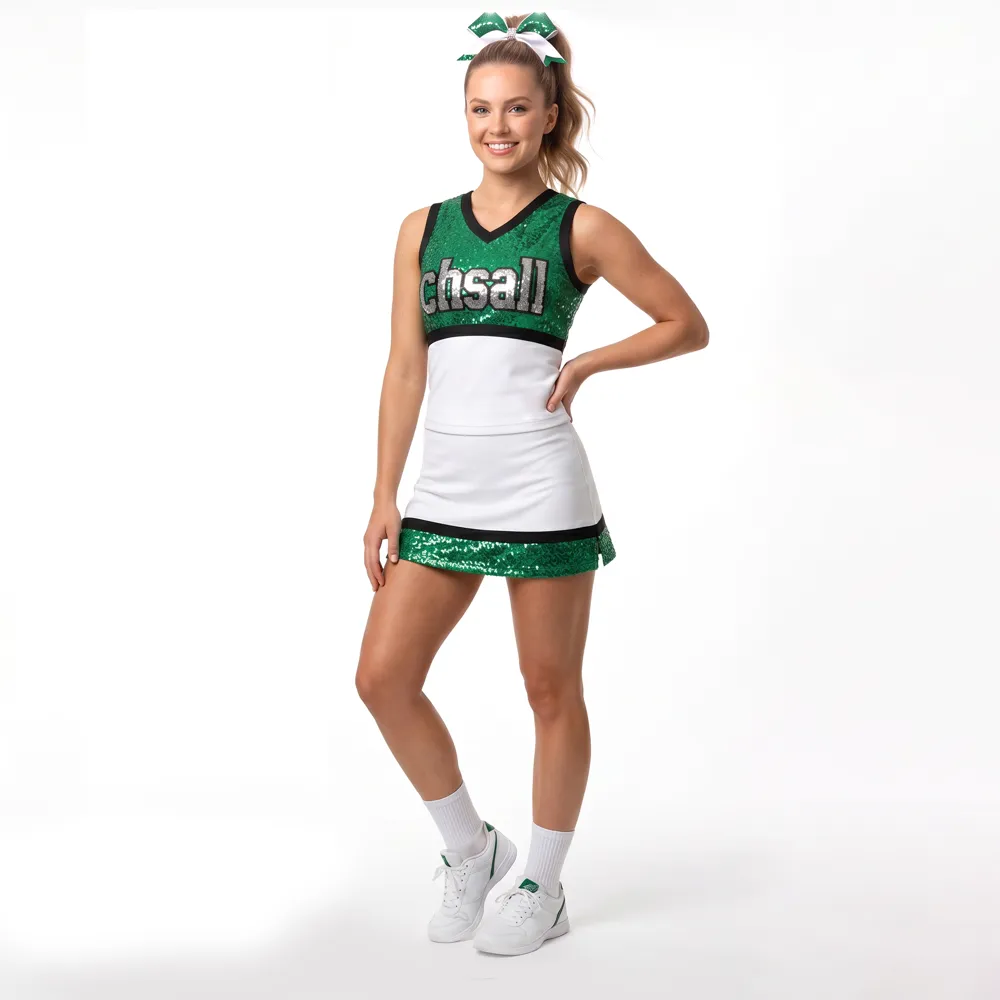 Sequin Green White Cheerleading Uniform with Sleeveless V-Neck for Game Day Football Spirit Team – photo 2