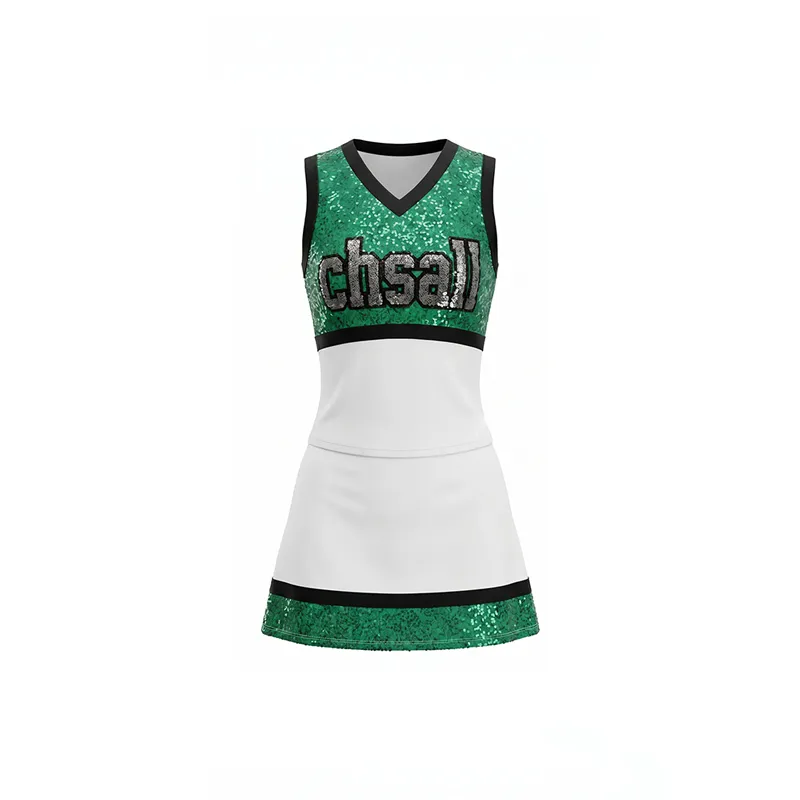 Sequin Green White Cheerleading Uniform with Sleeveless V-Neck for Game Day Football Spirit Team – photo 3