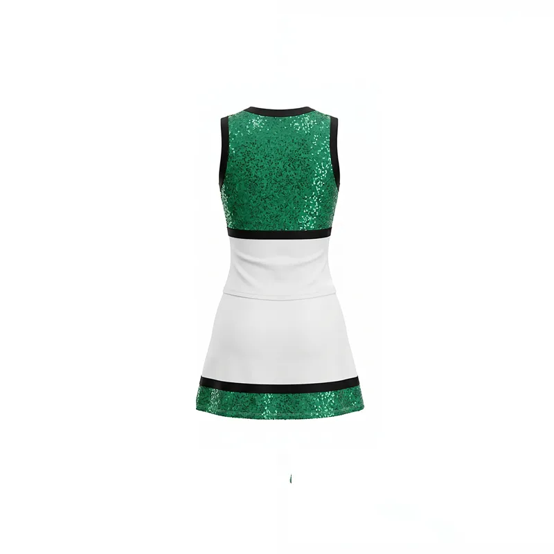 Sequin Green White Cheerleading Uniform with Sleeveless V-Neck for Game Day Football Spirit Team – photo 4