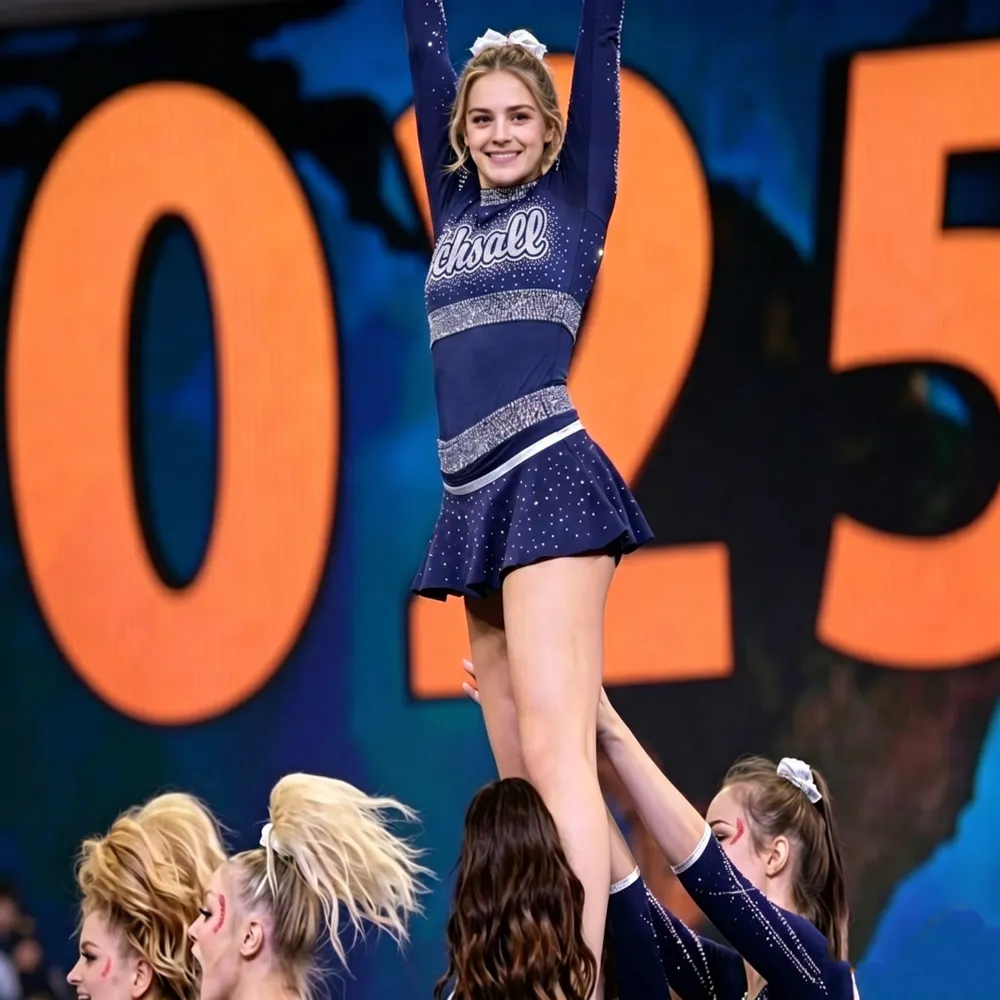 Navy Blue Cheerleading Uniform High School Cheer Uniform, with Crisscross Cutouts and Silver Rhinestone Bands – photo 2