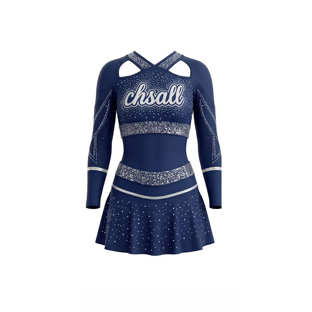 Navy Blue Cheerleading Uniform High School Cheer Uniform, with Crisscross Cutouts and Silver Rhinestone Bands – photo 3