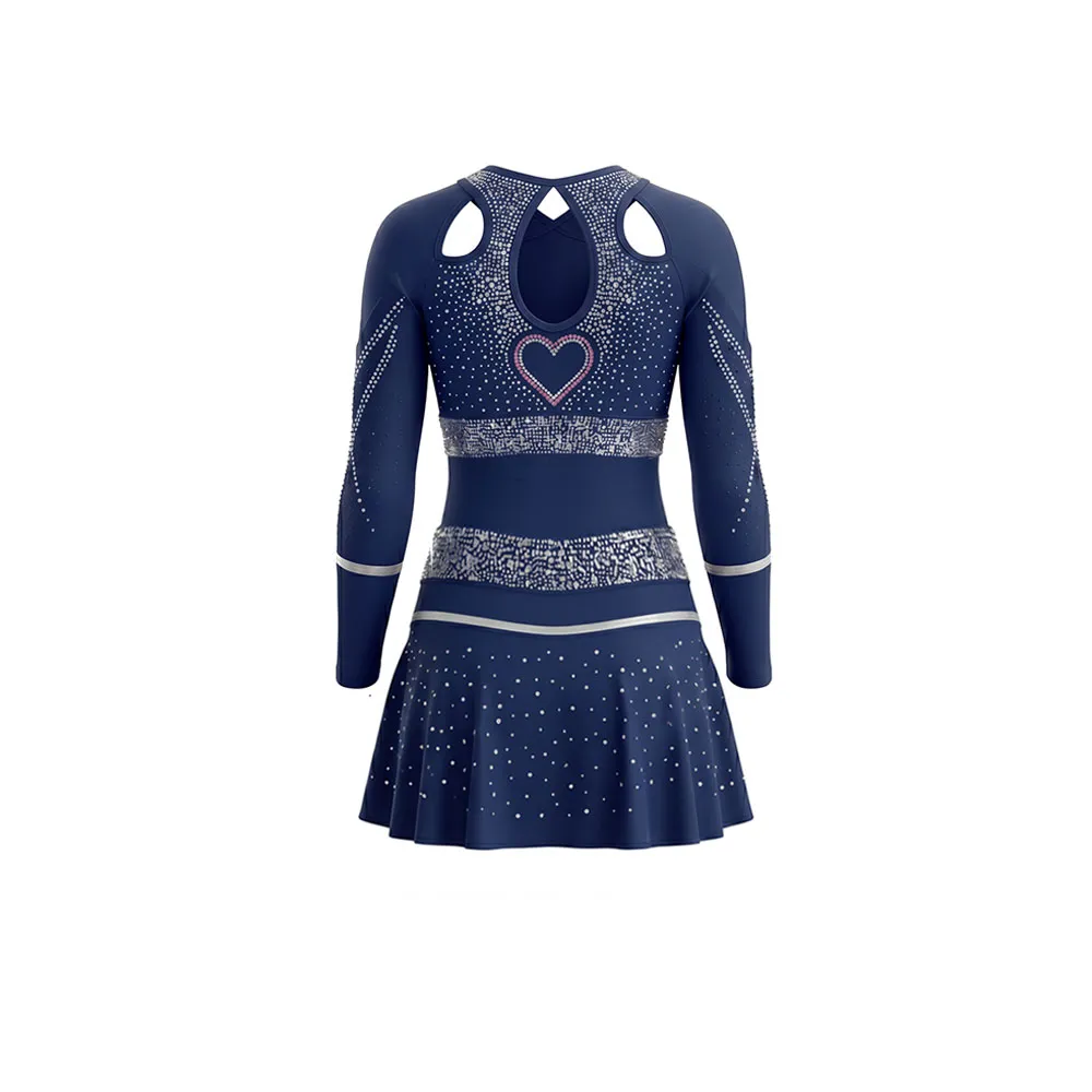 Navy Blue Cheerleading Uniform High School Cheer Uniform, with Crisscross Cutouts and Silver Rhinestone Bands – photo 4