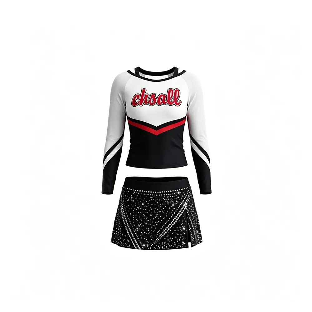 Competition Cheerleading Dress with All-Over Rhinestone Skirt and Mesh Long Sleeves – photo 3