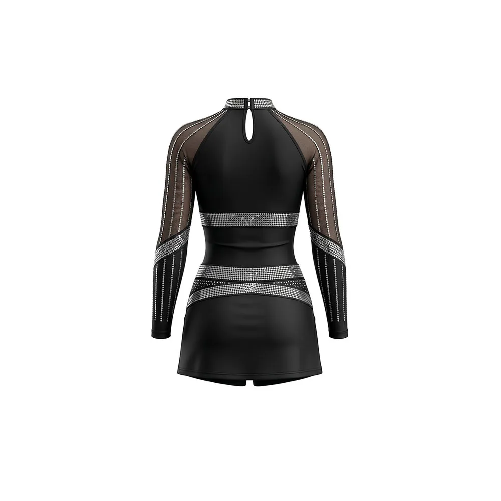 Black Sheer Mesh Long Sleeve Cheerleading Uniform with Rhinestone High Neckline and Wrap-Front Skirt for Elite Competitions – photo 3