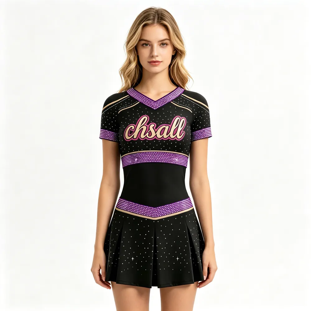 Premium Black Cheer Costume with Purple Trim and Logo Designed for All Star Cheerleaders – photo 2