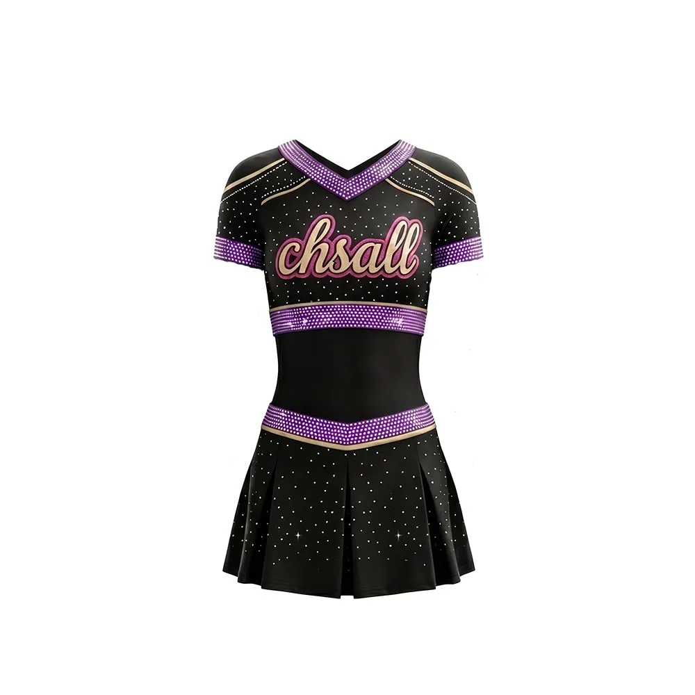 Premium Black Cheer Costume with Purple Trim and Logo Designed for All Star Cheerleaders – photo 3