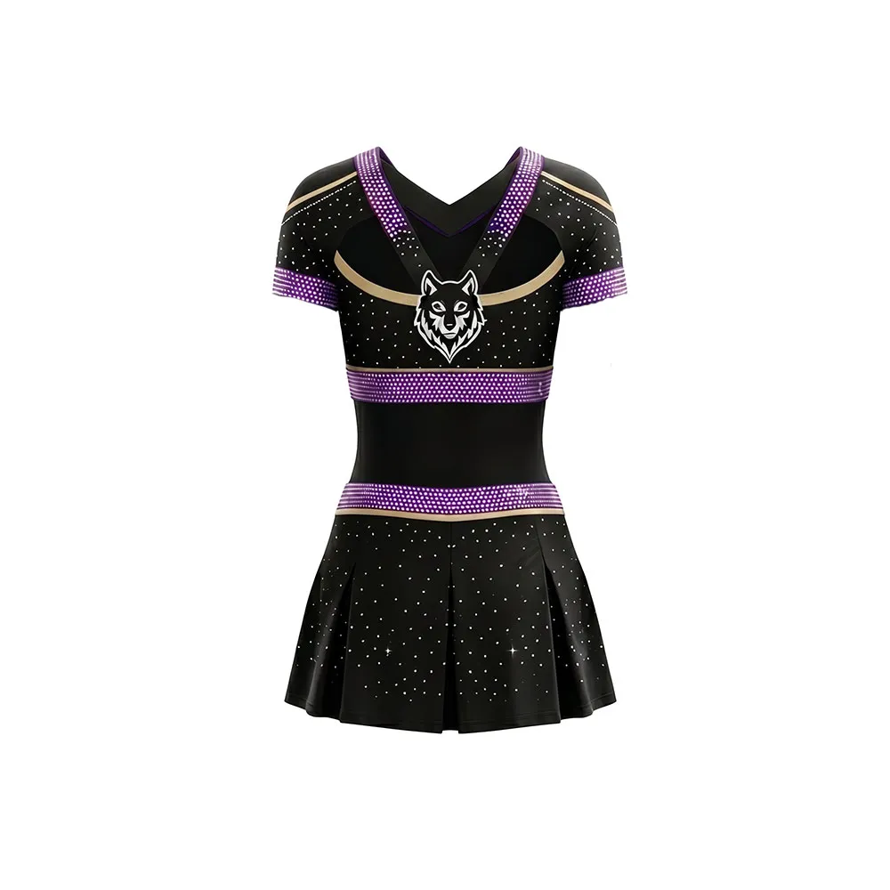 Premium Black Cheer Costume with Purple Trim and Logo Designed for All Star Cheerleaders – photo 4