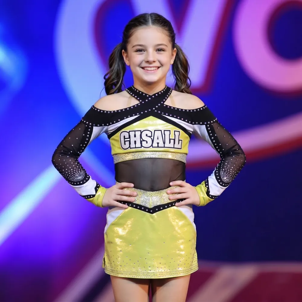Elite Kids Yellow and Black Cheer Uniform with Mesh Midriff Cross Neck and Shiny Skirt for Competitions – photo 2