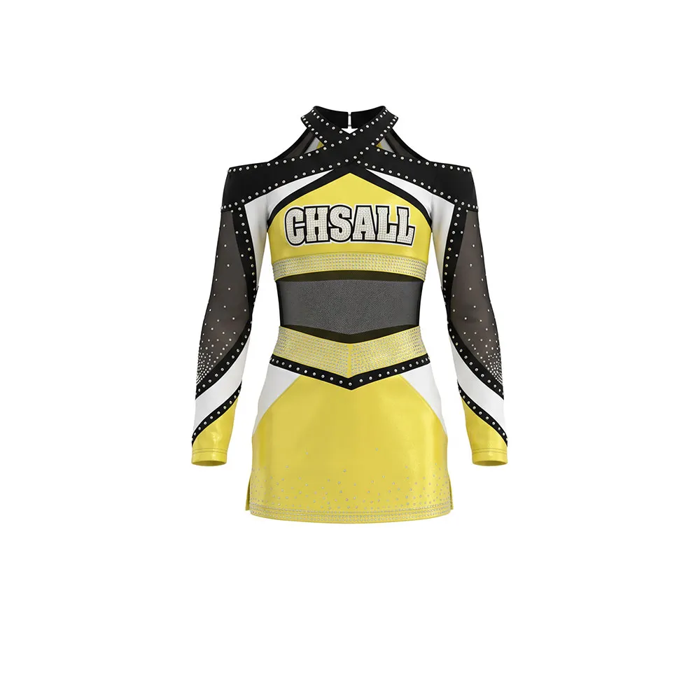 Elite Kids Yellow and Black Cheer Uniform with Mesh Midriff Cross Neck and Shiny Skirt for Competitions – photo 3