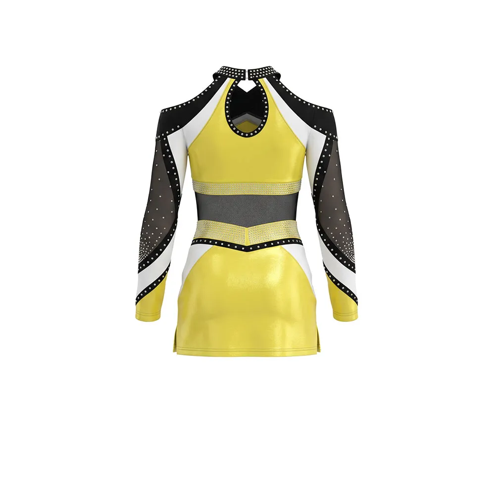 Elite Kids Yellow and Black Cheer Uniform with Mesh Midriff Cross Neck and Shiny Skirt for Competitions – photo 4