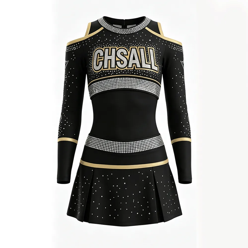 Glam Cheerleading Outfit with Long Sleeves and Gold Trim Perfect for High School Game Day Performances – photo 3