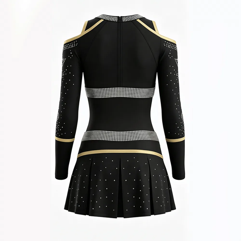 Glam Cheerleading Outfit with Long Sleeves and Gold Trim Perfect for High School Game Day Performances – photo 4