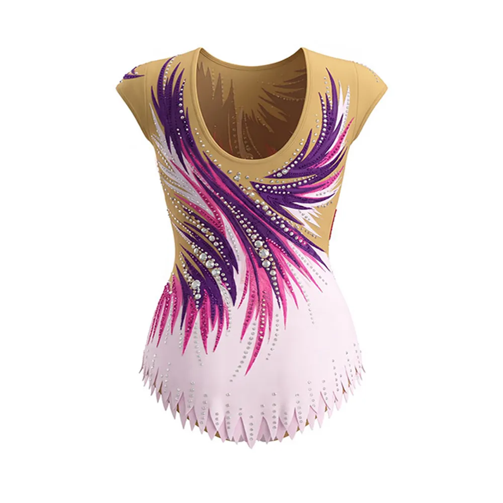 Purple Teal Ombre Gymnastics Leotard with Flame Rhinestone Design and Fringe Hem for Teams – photo 3