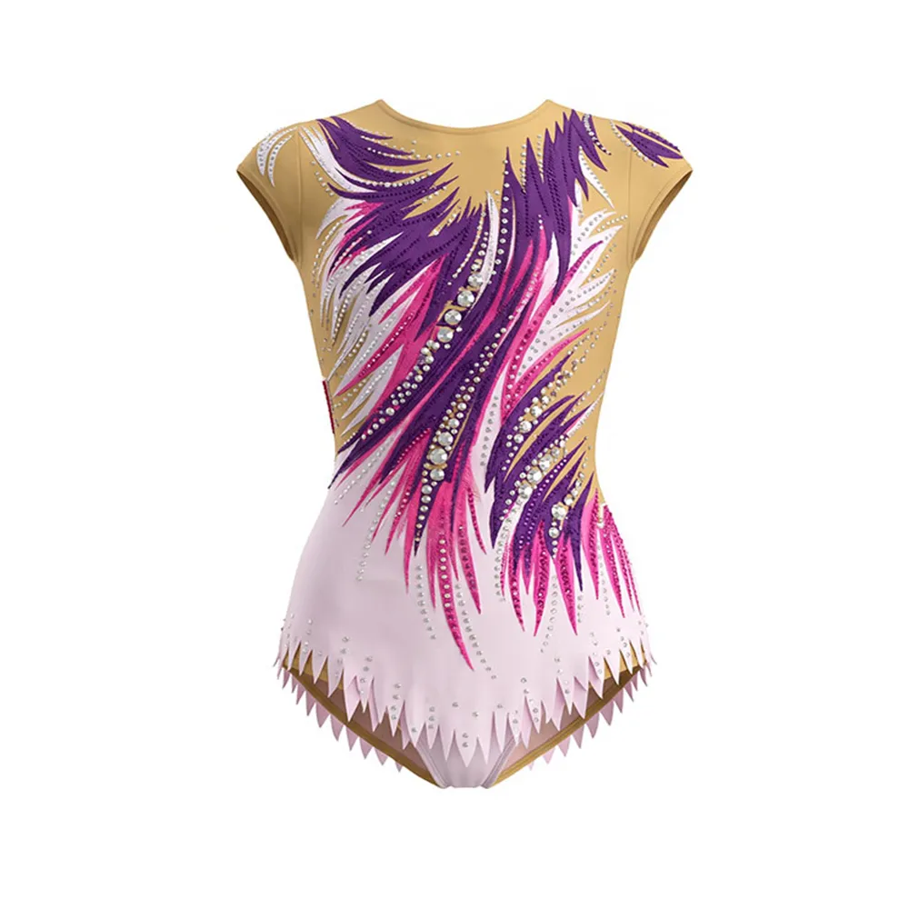 Purple Teal Ombre Gymnastics Leotard with Flame Rhinestone Design and Fringe Hem for Teams – photo 4