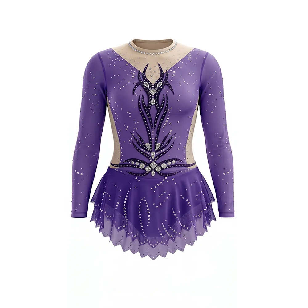 Purple Gymnastics Costume with Layered Tulle Skirt and Crystal Embellishments for Stage Shows – photo 3