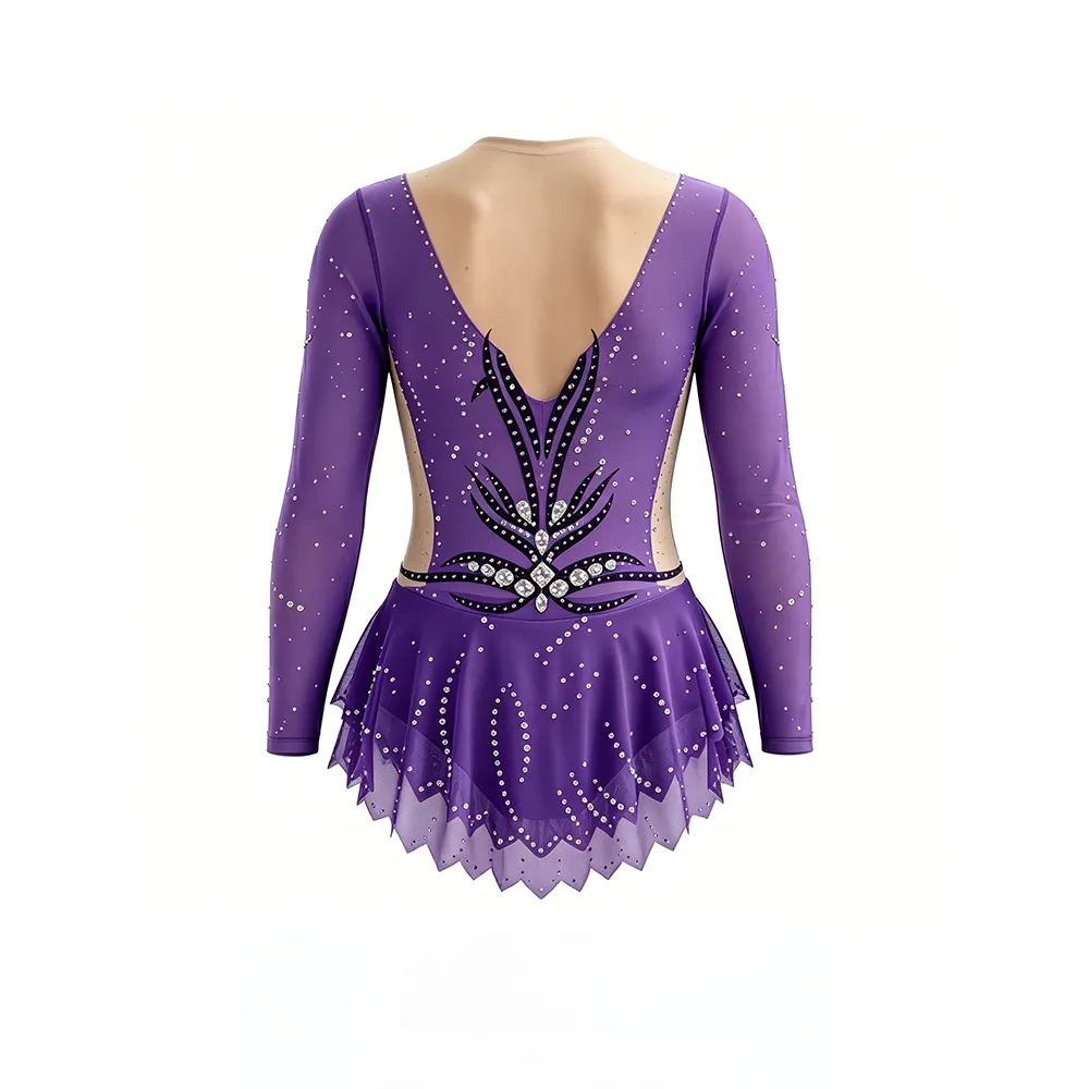 Purple Gymnastics Costume with Layered Tulle Skirt and Crystal Embellishments for Stage Shows – photo 4