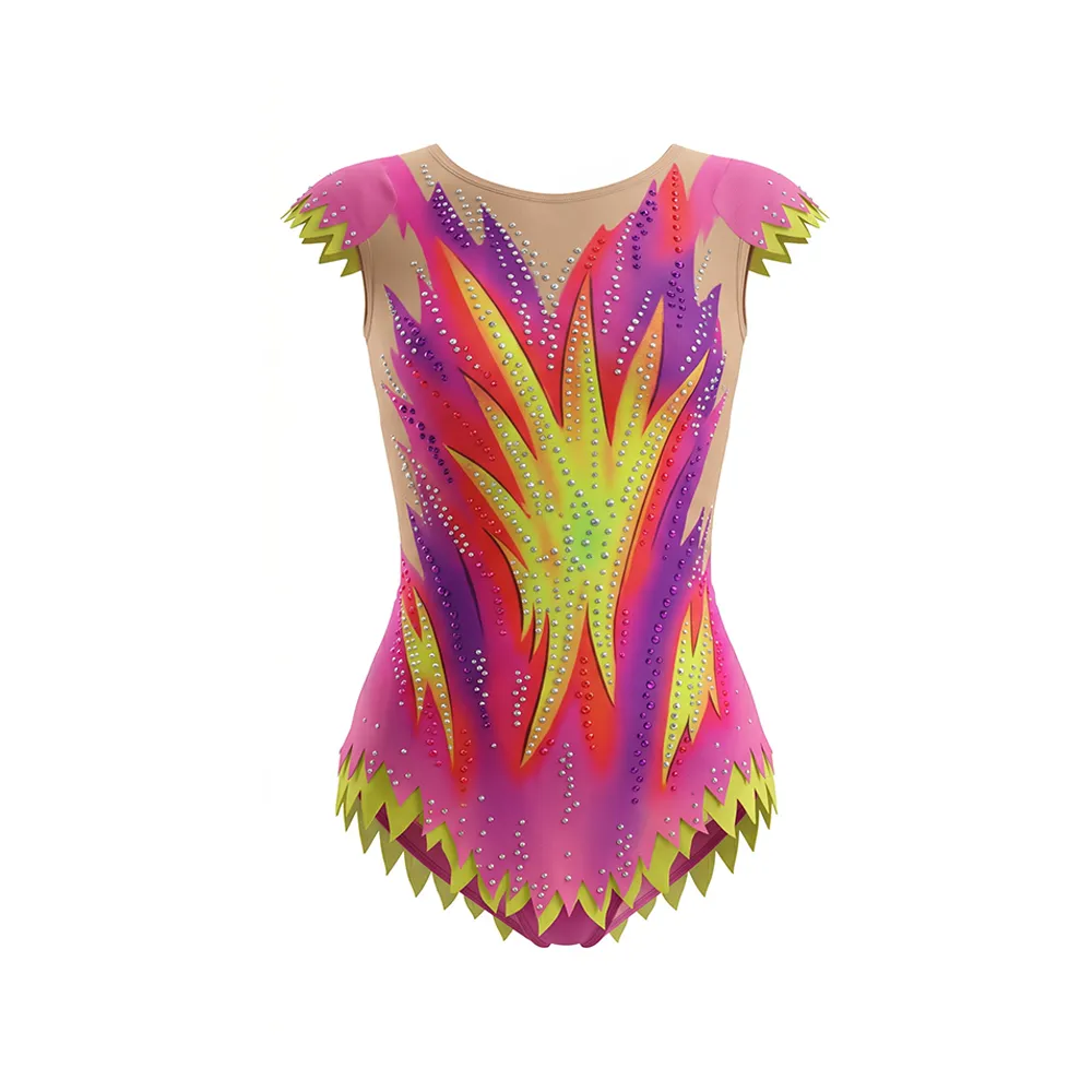 Kids Competition Gymnastics Leotard Pink Yellow Flame Rhinestone Cap Sleeve Spandex Polyester Training Wear – photo 3