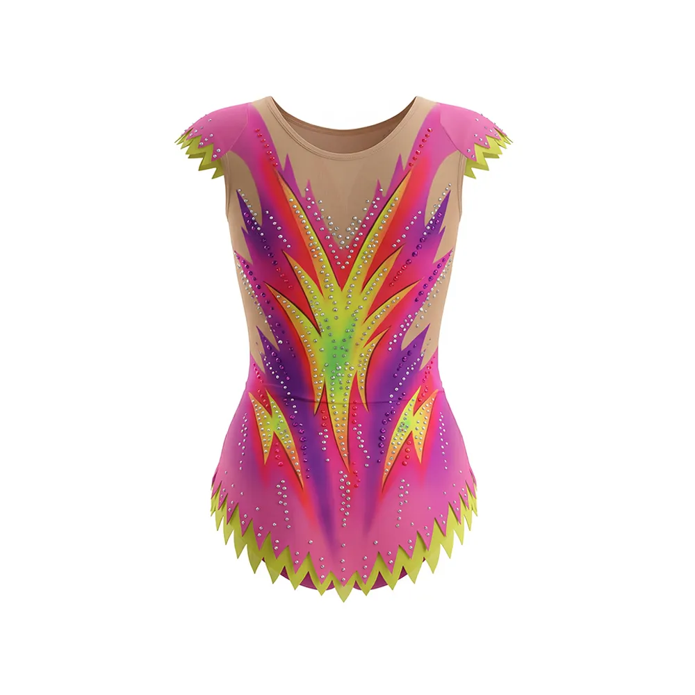 Kids Competition Gymnastics Leotard Pink Yellow Flame Rhinestone Cap Sleeve Spandex Polyester Training Wear – photo 4