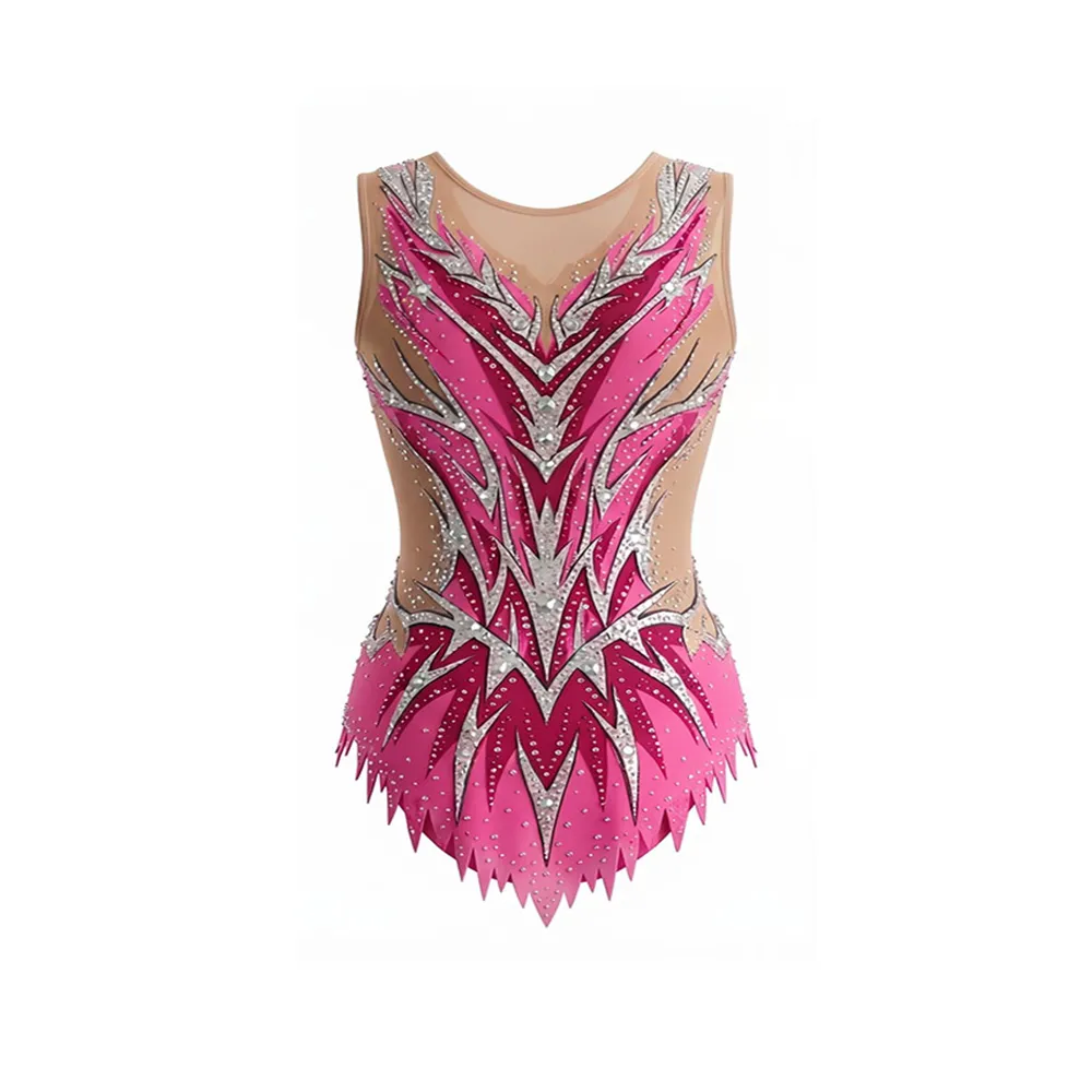 Hot Pink Silver Flame Rhinestone Cheerleading Uniform with Sheer Nude Panels and Fringe Hem for Game Day – photo 3