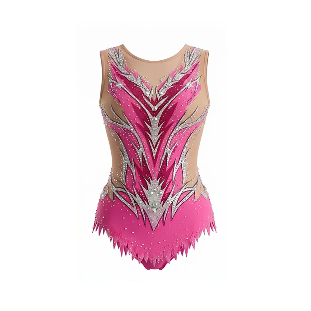 Hot Pink Silver Flame Rhinestone Cheerleading Uniform with Sheer Nude Panels and Fringe Hem for Game Day – photo 4