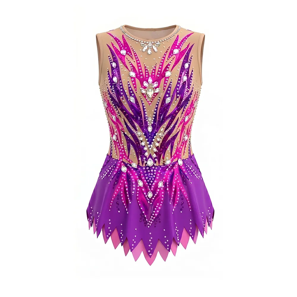 Purple Pink Ombre Gymnastics Leotard with Crystal Accents and Sheer Nude Panels for Elite Competitions – photo 3