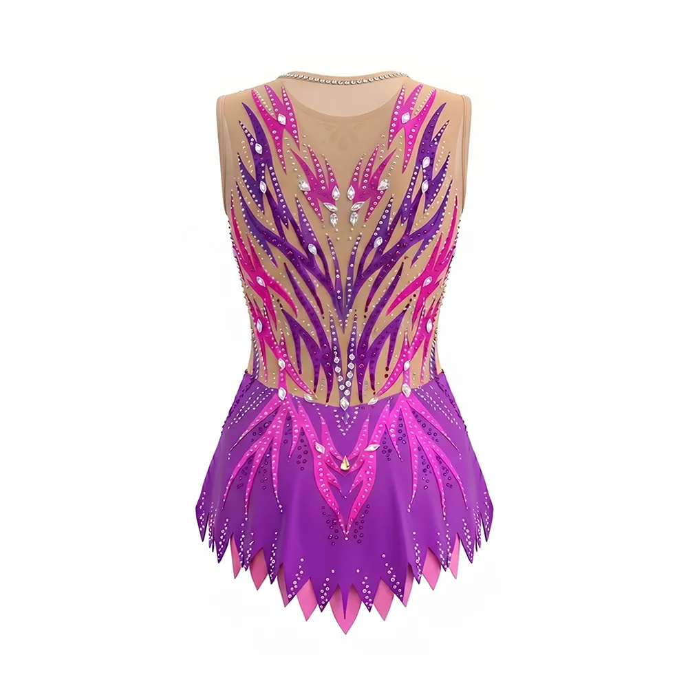 Purple Pink Ombre Gymnastics Leotard with Crystal Accents and Sheer Nude Panels for Elite Competitions – photo 4