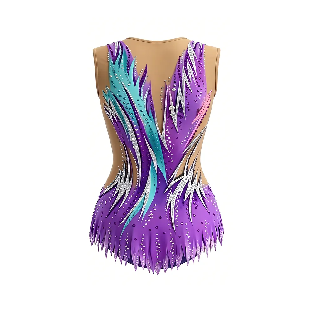 Competition Grade Gymnastics Leotard with Purple Teal Flame and Rhinestone Accents for Championships – photo 3