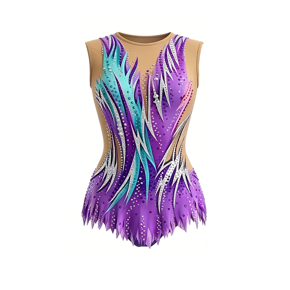 Competition Grade Gymnastics Leotard with Purple Teal Flame and Rhinestone Accents for Championships – photo 4