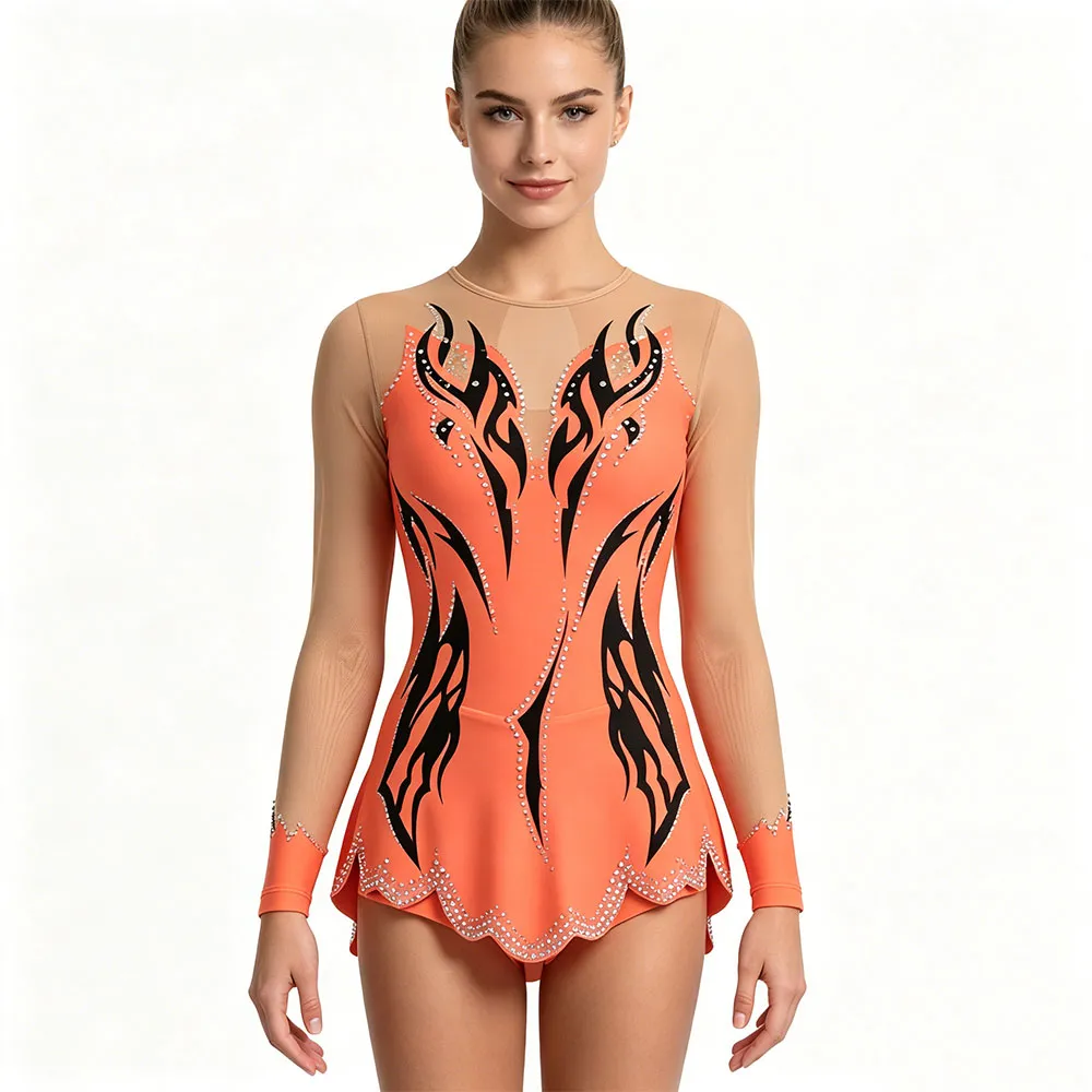 Orange Flame Cheerleading Uniform with Scalloped Rhinestone Trim Skirt and Sheer Sleeves for Team Routines – photo 2
