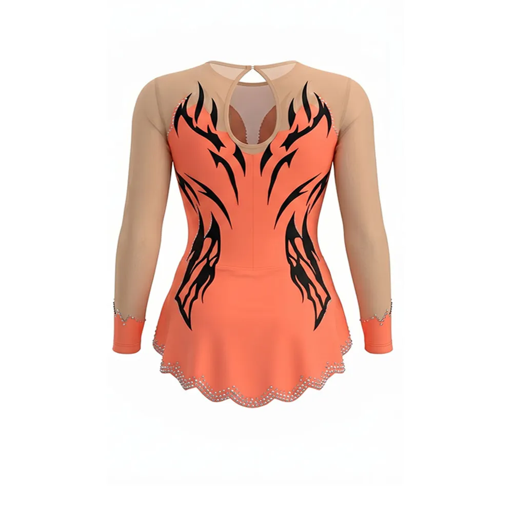 Orange Flame Cheerleading Uniform with Scalloped Rhinestone Trim Skirt and Sheer Sleeves for Team Routines – photo 3