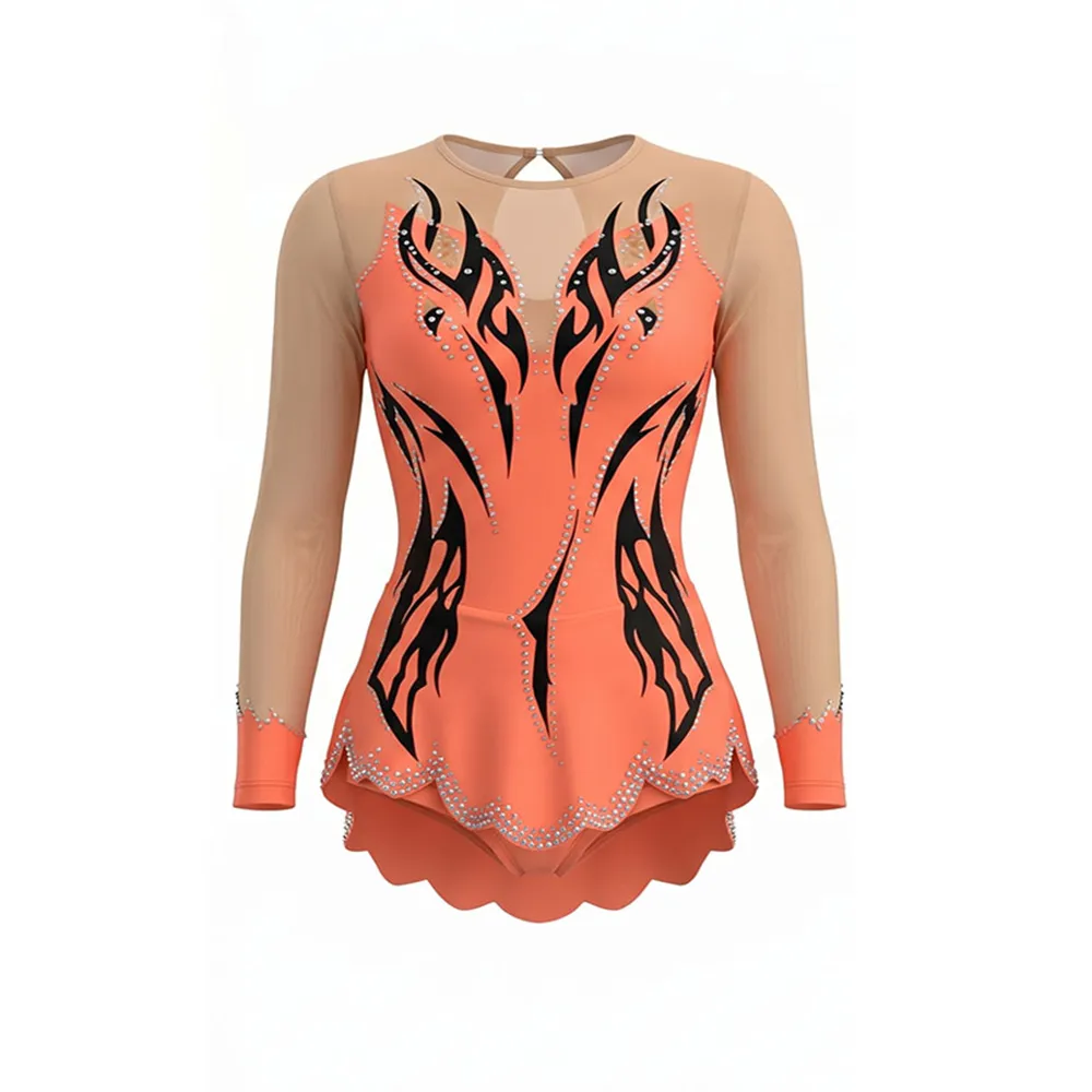 Orange Flame Cheerleading Uniform with Scalloped Rhinestone Trim Skirt and Sheer Sleeves for Team Routines – photo 4