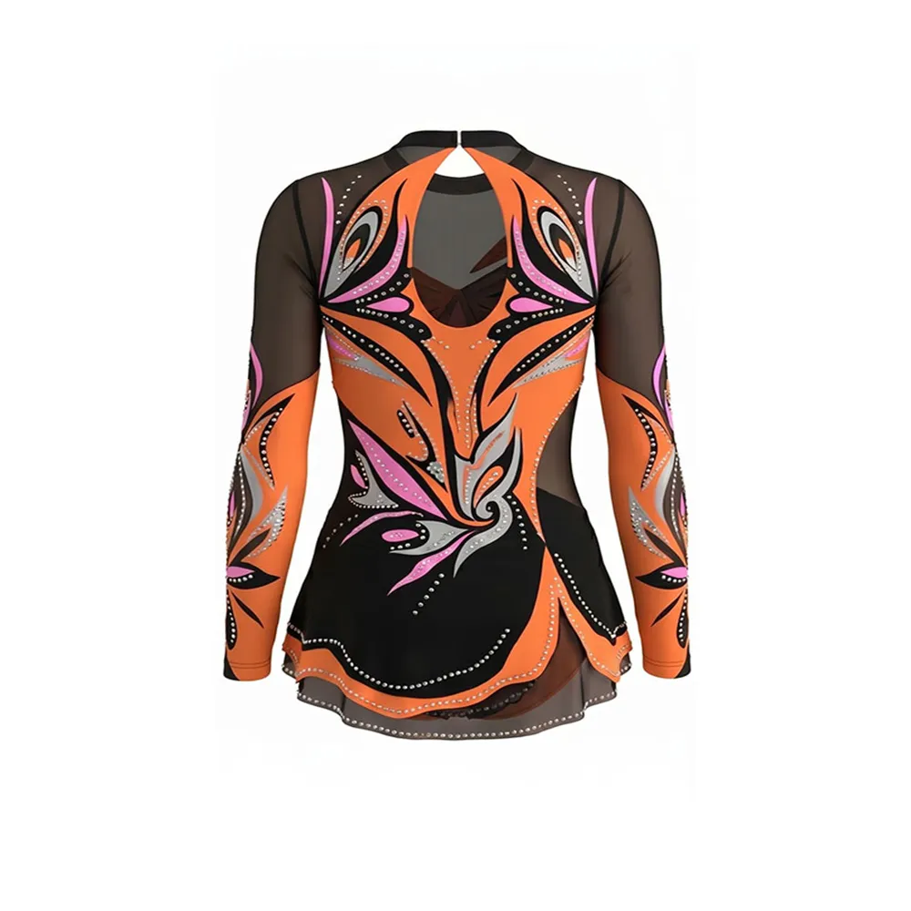 Glam Black Orange Flame Cheerleading Leotard with Sheer Long Sleeves and Dense Rhinestone Coverage for Team Routines – photo 3