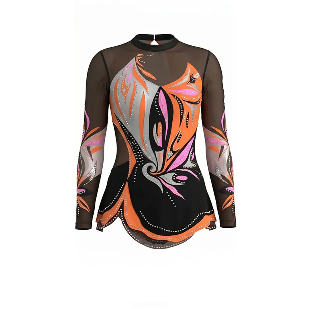 Glam Black Orange Flame Cheerleading Leotard with Sheer Long Sleeves and Dense Rhinestone Coverage for Team Routines – photo 4