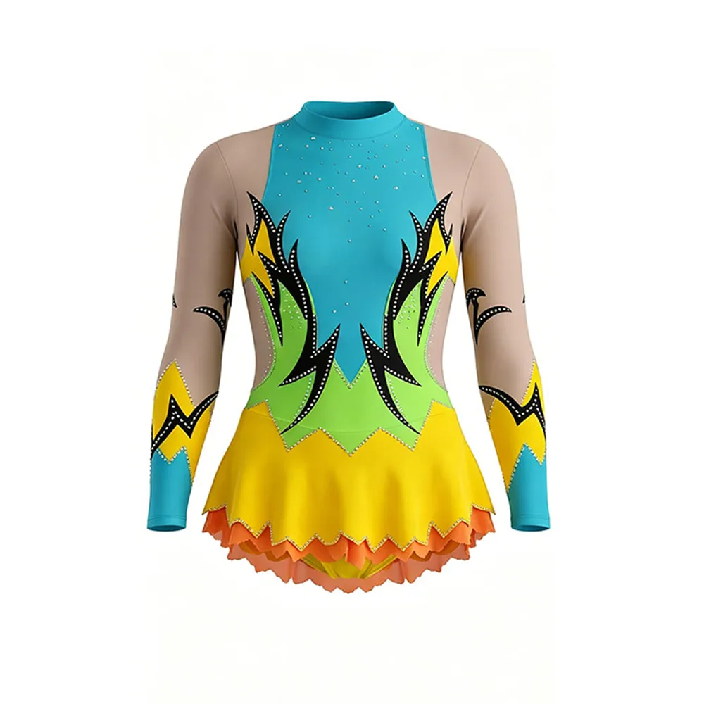 Competition Grade Cheer Outfit with Turquoise Base and Yellow Black Flame Design for Cheer Competitions – photo 4