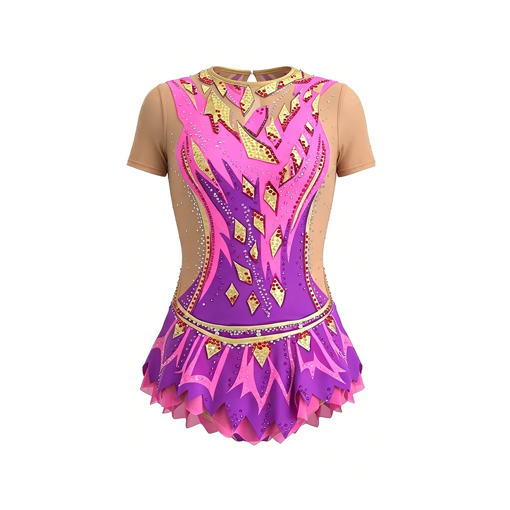 Kids Gymnastics Costume with Pink Purple Flame Pattern and Crystal Embellishments for Recitals – photo 3