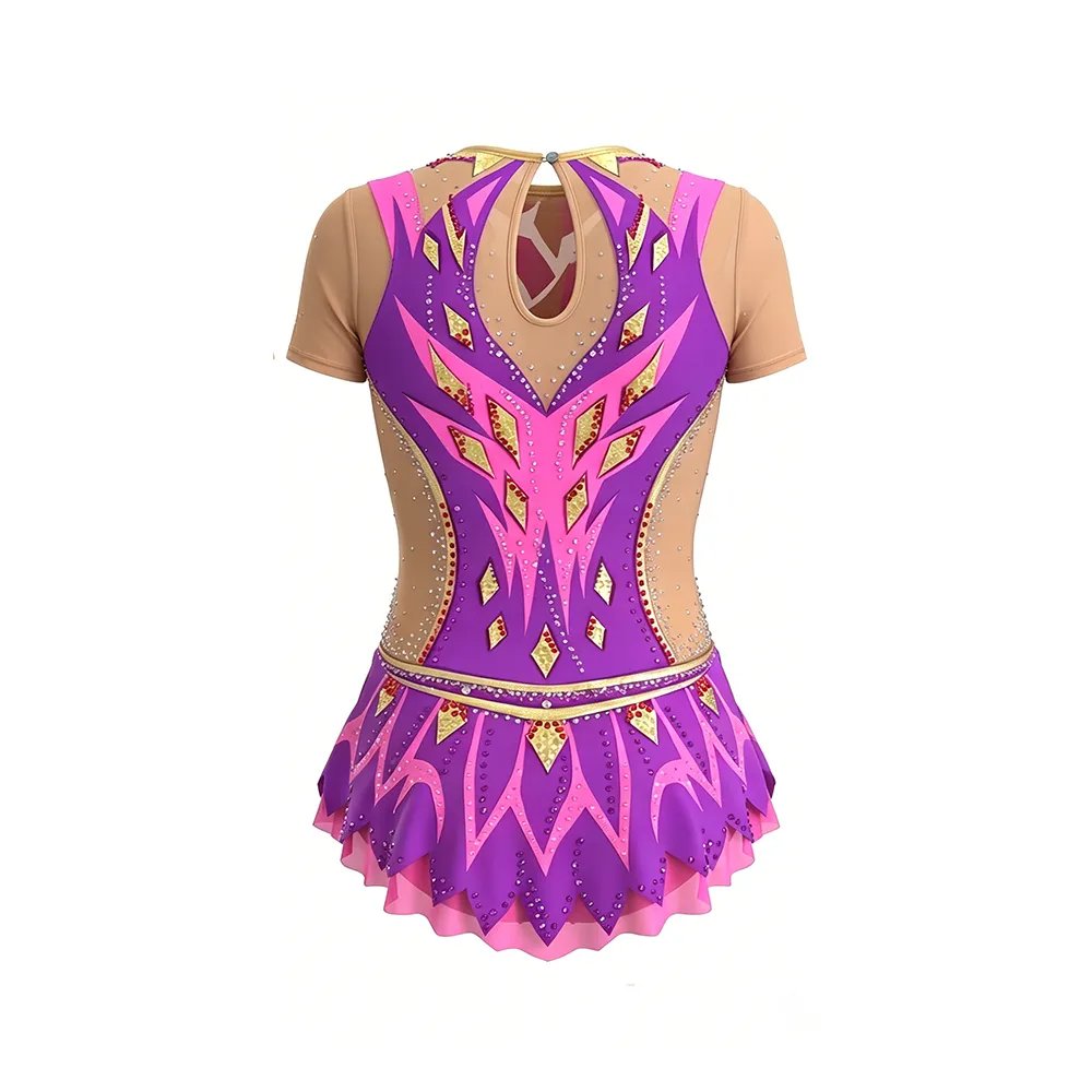 Kids Gymnastics Costume with Pink Purple Flame Pattern and Crystal Embellishments for Recitals – photo 4
