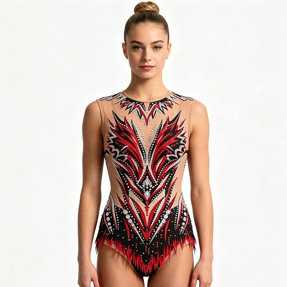 Sleeveless Red Black Flame Gymnastics Leotard with Sheer Nude Mesh and Fringe Hem for Cheer Competitions – photo 2