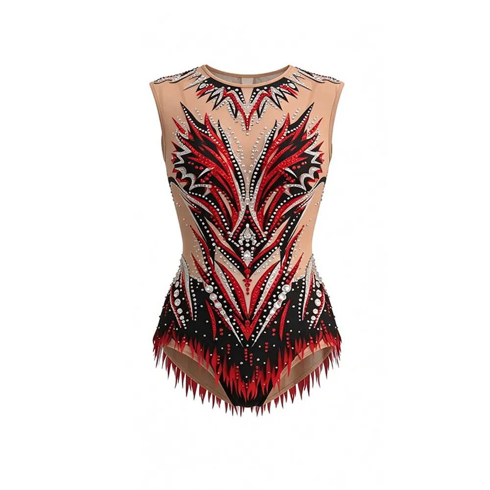 Sleeveless Red Black Flame Gymnastics Leotard with Sheer Nude Mesh and Fringe Hem for Cheer Competitions – photo 3
