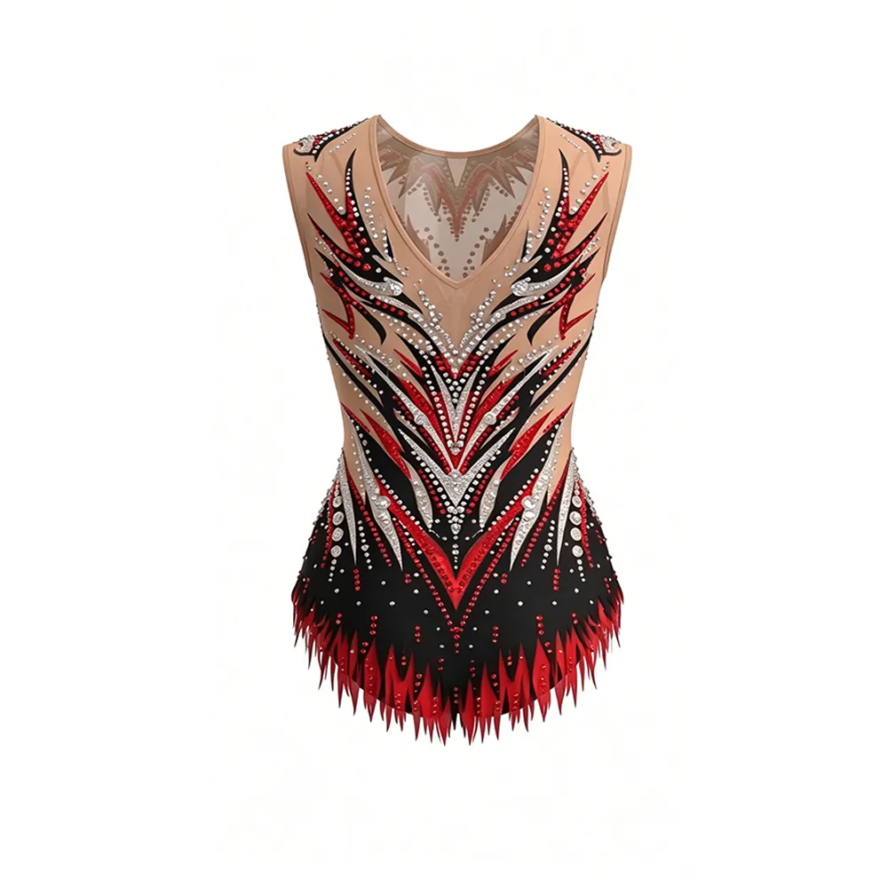 Sleeveless Red Black Flame Gymnastics Leotard with Sheer Nude Mesh and Fringe Hem for Cheer Competitions – photo 4