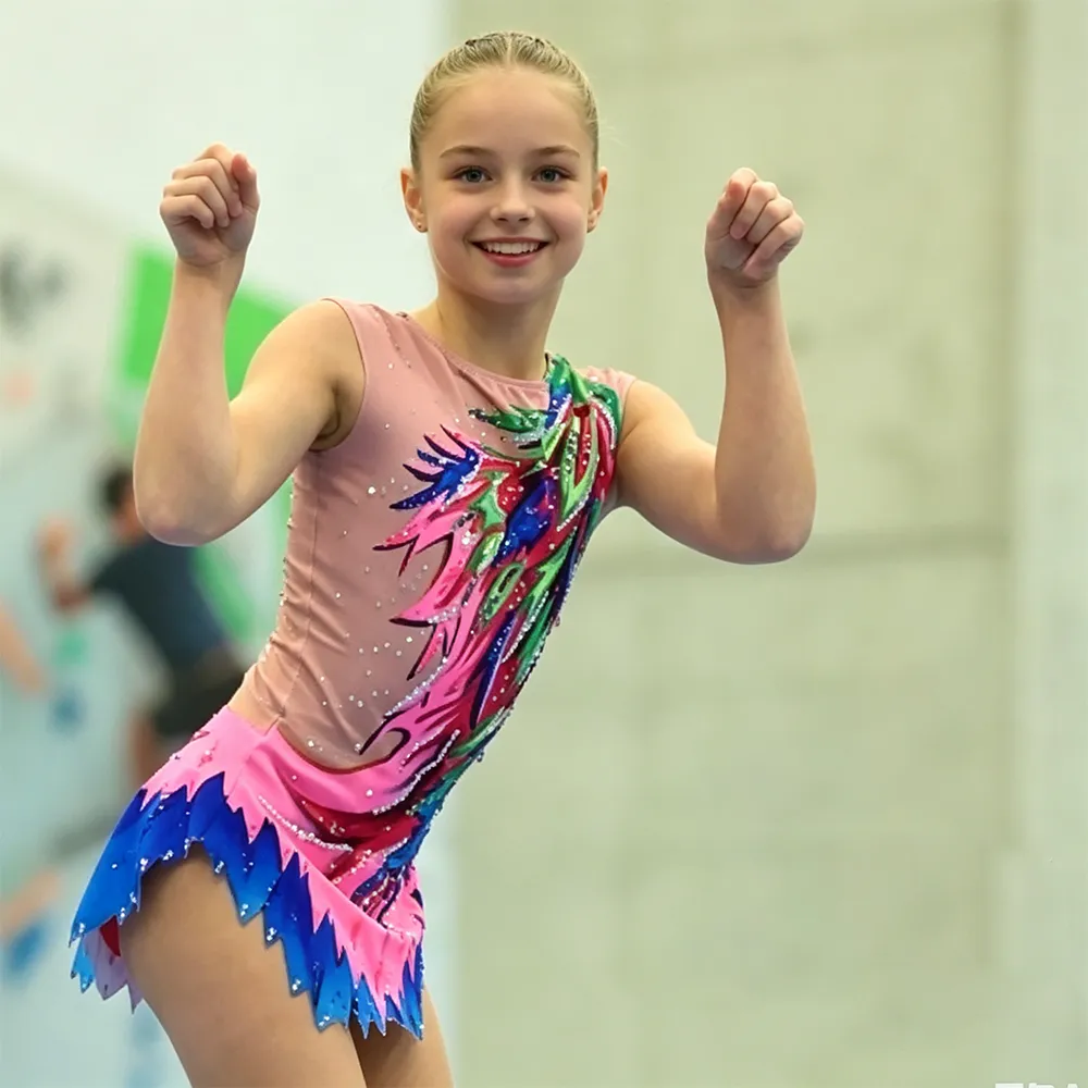 Competition Grade Multicolor Flame Gymnastics Leotard with Nude Mesh and Rhinestones for Elite Gymnasts – photo 2
