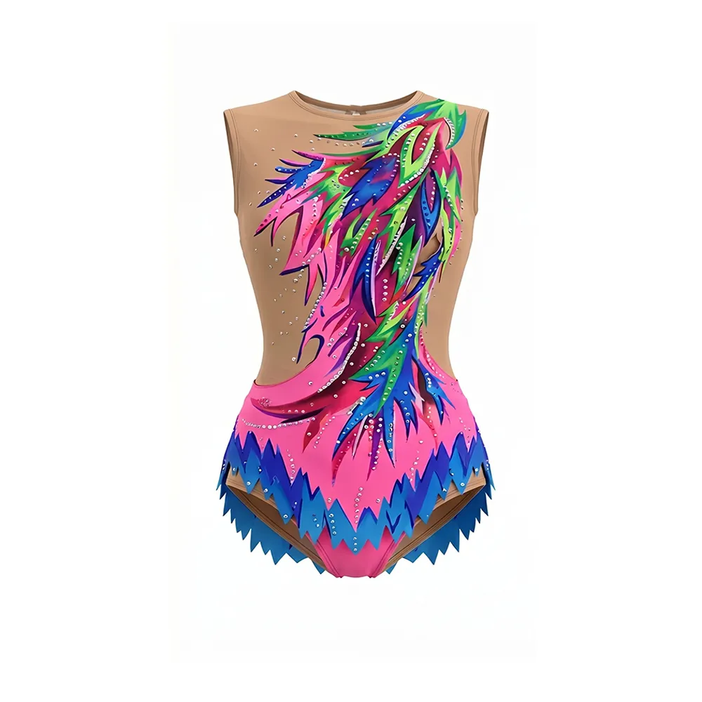 Competition Grade Multicolor Flame Gymnastics Leotard with Nude Mesh and Rhinestones for Elite Gymnasts – photo 3