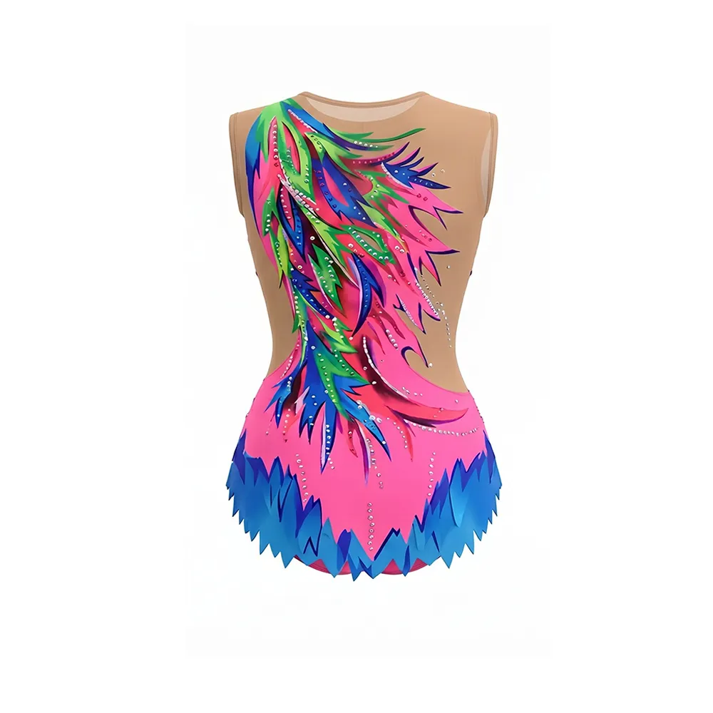 Competition Grade Multicolor Flame Gymnastics Leotard with Nude Mesh and Rhinestones for Elite Gymnasts – photo 4