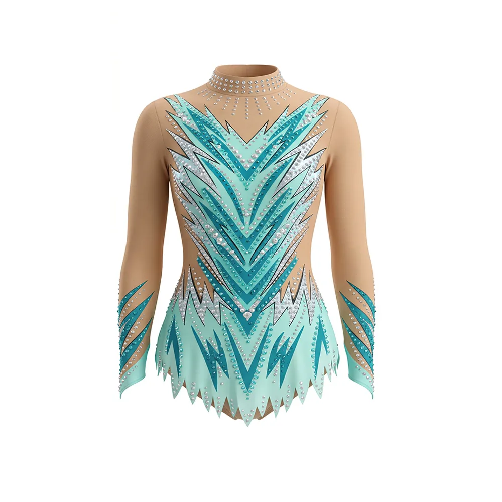Teal Turquoise Flame Rhinestone Gymnastics Leotard with Nude Mesh Base for Elite Competitions – photo 3