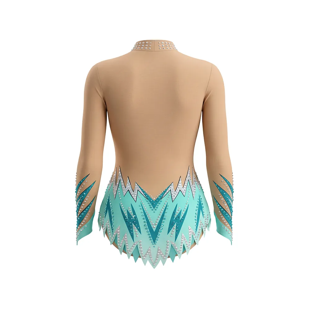 Teal Turquoise Flame Rhinestone Gymnastics Leotard with Nude Mesh Base for Elite Competitions – photo 4
